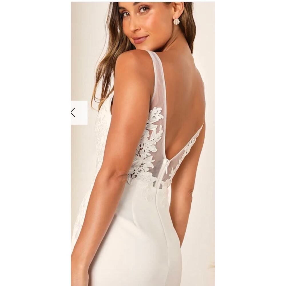 Lulu's Precious Promise White Satin Embroidered Lace Mermaid Maxi Dress Sz L#29